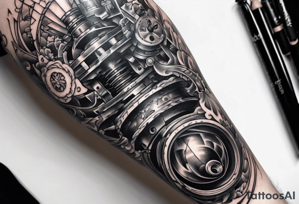 Broken suspension components inside human leg tattoo idea