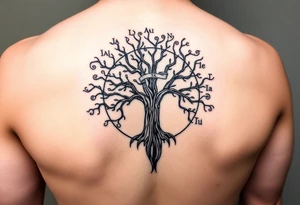 yggadrisl tree of life with circle of runes names Jai, Phoebe, Imogen, Matilda on four branches tattoo idea
