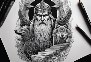 a staircase to valhalla with a big face of  the god Odin as a human at its end. On the side of the stair is a pack ow wolves. Also add in a a pair of doves and two ravens tattoo idea