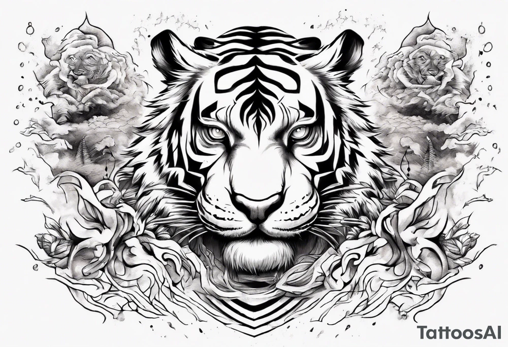 Ancient tiger with lightning and a sun for a forearm sleeve. With patterns surrounding it tattoo idea