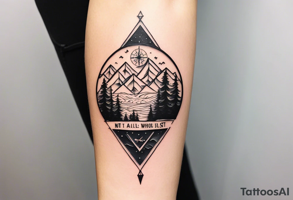 A half sleeve tattoo that features the quote **"Not all who wander are lost"** in elegant script on the outer forearm. Surrounding it are a compass rose and flowing elements like mountains, waves, and trees, symbolizing adventure and nature. Small travel icons like a plane and backpack are interspersed, enhancing the theme of exploration. The design uses a dynamic look that wraps naturally around your forearm. tattoo idea