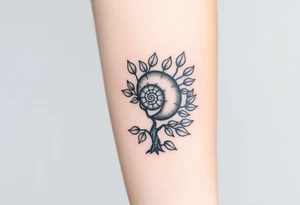 Fibonacci spiral shell on side of base of tree full of lots of leaves tattoo idea