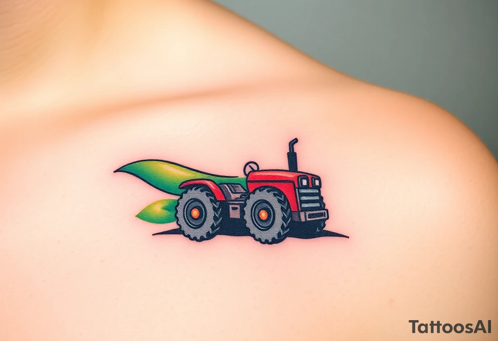 A tractor surrounded by rolling green hills, under a bright blue sky with white fluffy clouds tattoo idea