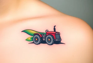 A tractor surrounded by rolling green hills, under a bright blue sky with white fluffy clouds tattoo idea