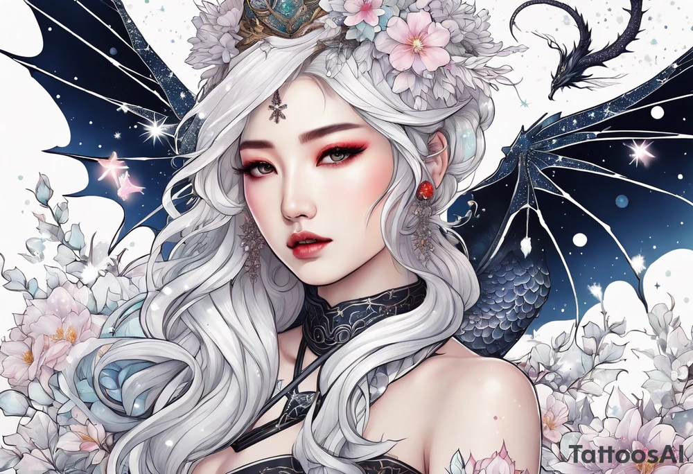 Constellation, wing , snow , cross , dragon female japan kawaii , flower tattoo idea