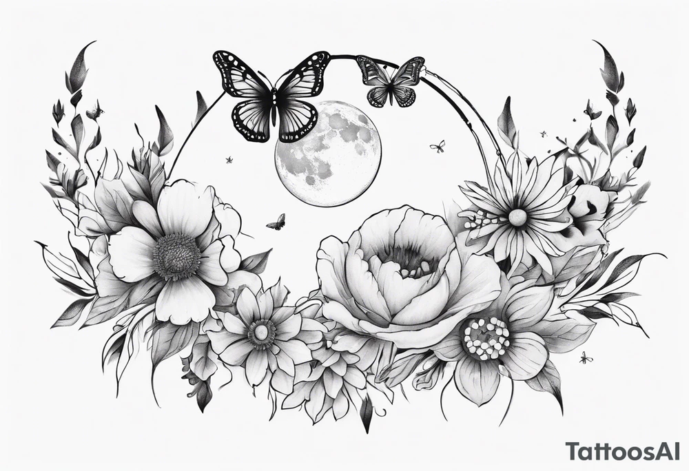 Thigh tattoo with floral and butterflies and moon. Show on thigh tattoo idea