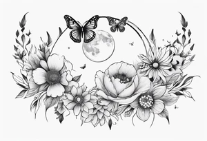 Thigh tattoo with floral and butterflies and moon. Show on thigh tattoo idea