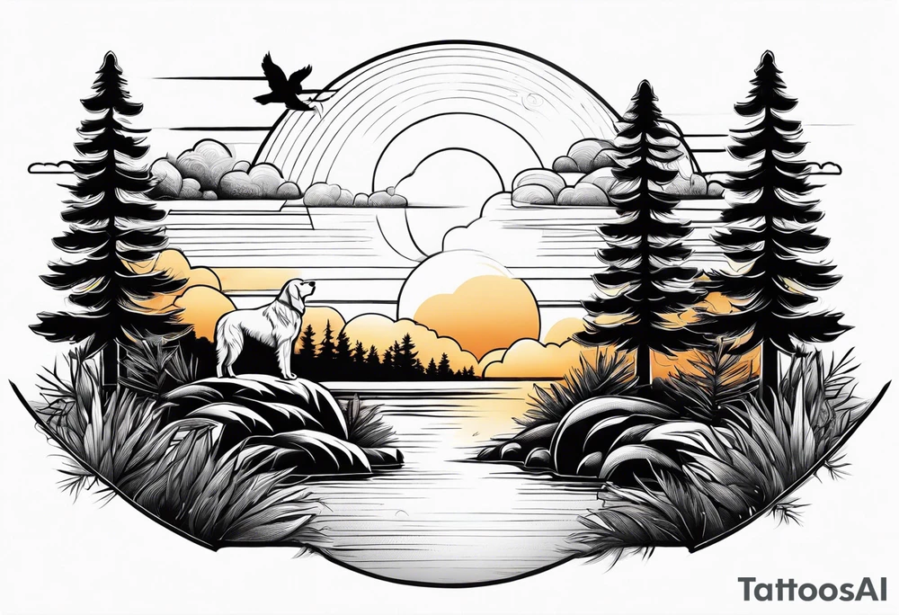 a sunset with two pine trees , a pond and a golden retriever tattoo idea