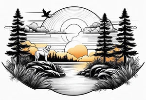 a sunset with two pine trees , a pond and a golden retriever tattoo idea