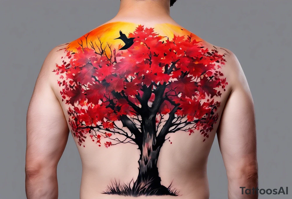 trash polka style. Arm tattoo. Long tattoo. Full sleeve. Shoulder. A single large maple tree with red autumn leaves that branches upwards from wrist to shoulder. White-throated dipper bird on the trees branches. Calluna flowers at the base of the trees stem. Tree stem has dark colors. Red/yellow sunset behind the trees stem. Leaves falling. tattoo idea