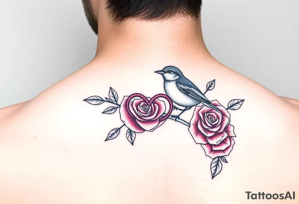 Feminine red rose and robin with a infinity heart tattoo idea