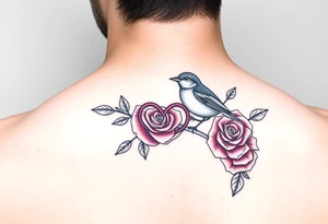 Feminine red rose and robin with a infinity heart tattoo idea