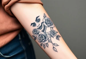 Joker tattoo with roses and a snake through the roses and money butterfly’s with filler ink tattoo idea