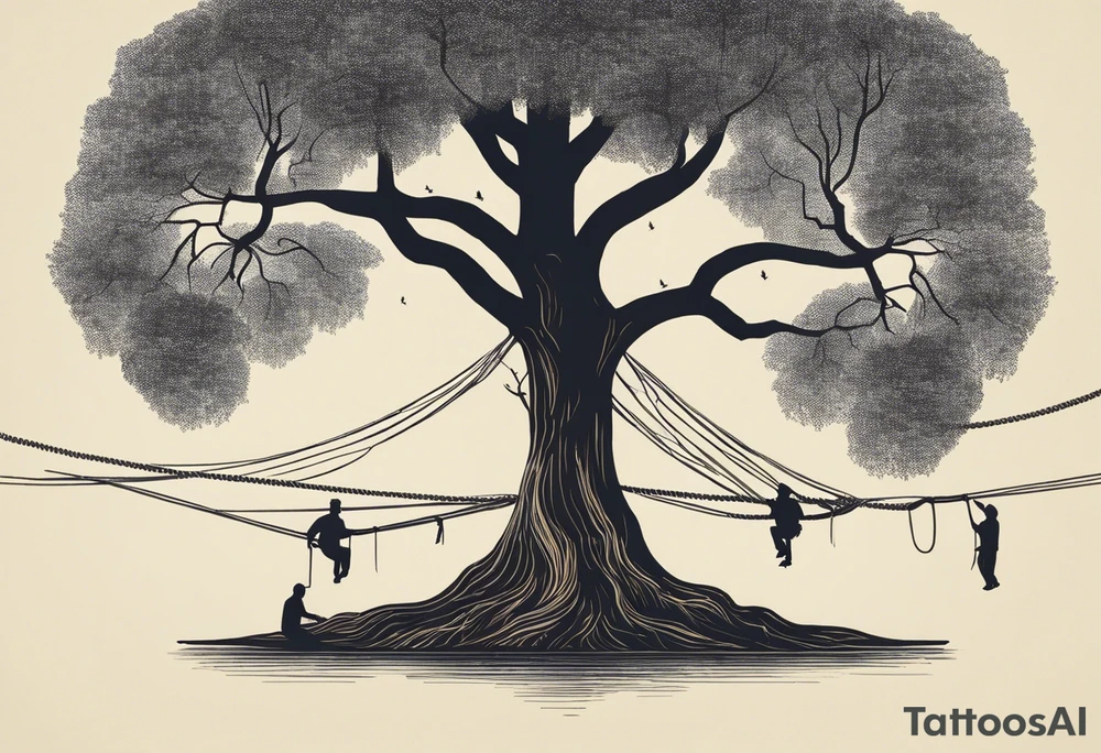 utopia picture of a tree at one level where above the surface is a group of people living in prosperity surrounding a tree. Below the surface the roots of the tree go down and turn into ropes and people are climbing these ropes to try and reach the above the surface. below the people climbing the ropes is hell, wih depicting of war slavery and death. going back to the top, above the tree is a perfection or heaven / nirvana. . include alchemical and occult symbols to depict this journey to enlightenment like religious or astrolligcal symblol. make it a full body tattoo stencil where the top of the tree would be at the chest and the ropes at the legs. tattoo idea