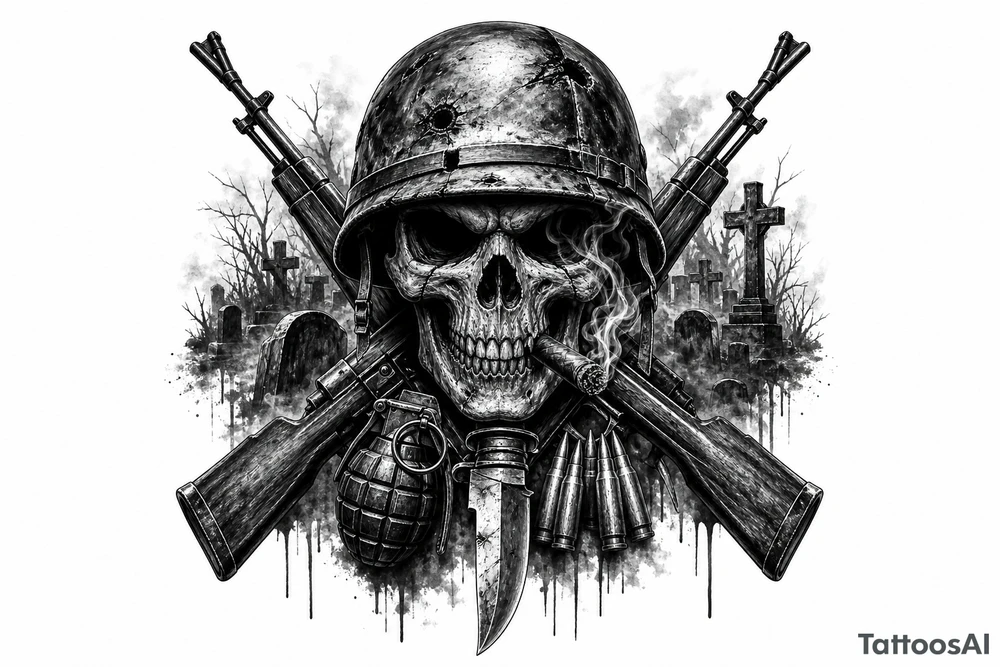 Dark fantasy graveyard, skull in helmet, cigar, crossed rifles, knife, grenade, cartridges. tattoo idea