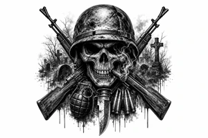 Dark fantasy graveyard, skull in helmet, cigar, crossed rifles, knife, grenade, cartridges. tattoo idea