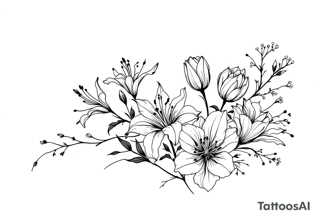 flower arrangement with spider lilies, tulip, lilies, cherry blossom tattoo idea