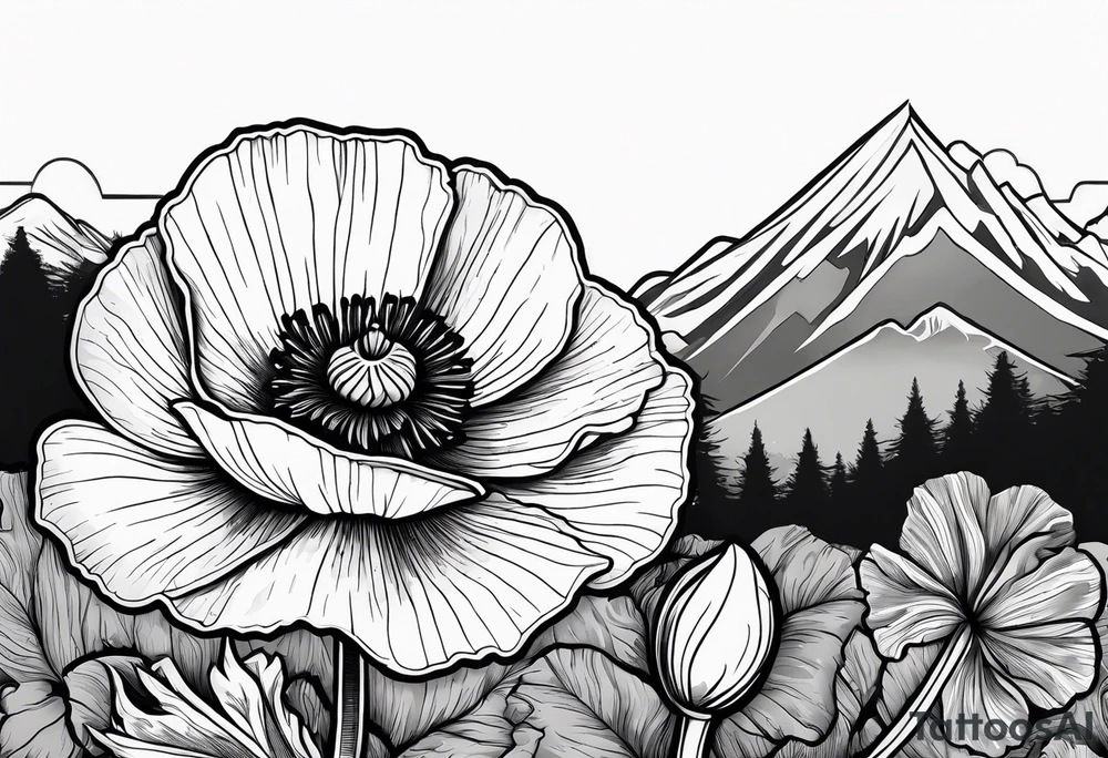 one poppy flower with an anchor and mountains behind it tattoo idea