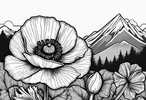 one poppy flower with an anchor and mountains behind it tattoo idea