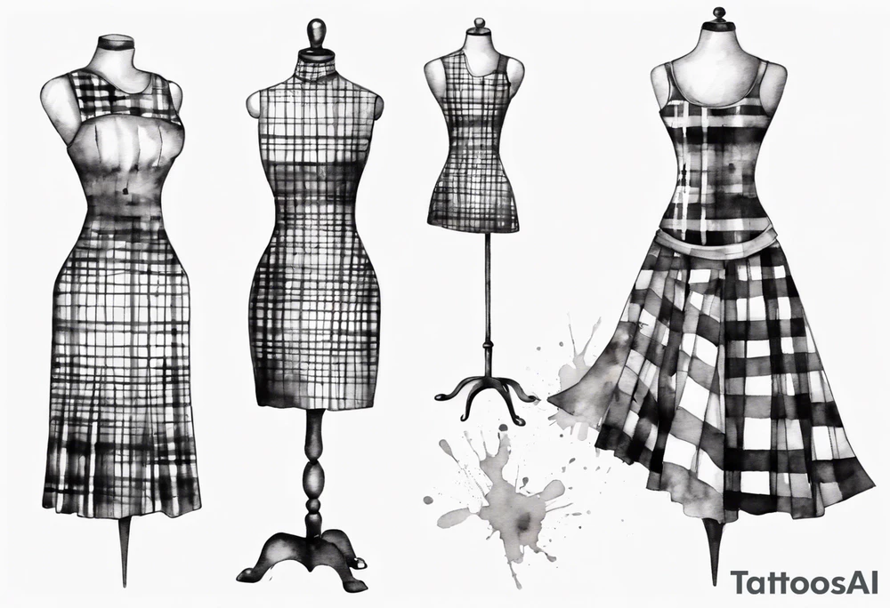 Tailor's mannequin with a little girl's plaid dress consisting of skirt and vest on top. Watercolour style tattoo idea