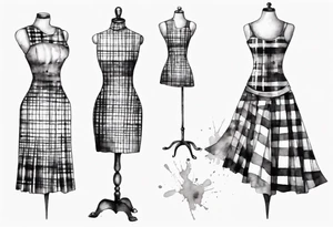Tailor's mannequin with a little girl's plaid dress consisting of skirt and vest on top. Watercolour style tattoo idea