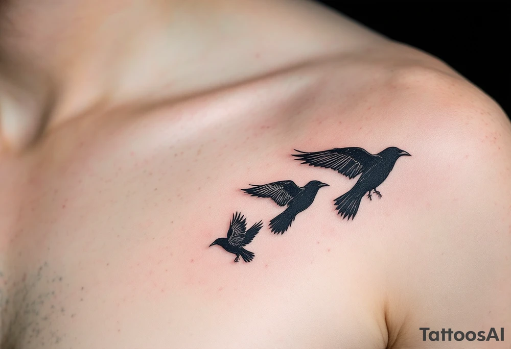 Three Crows in Flight – Trio of crows flying in different directions, representing past, present, and future. Done in pure black ink with delicate dotwork shadows. tattoo idea