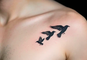 Three Crows in Flight – Trio of crows flying in different directions, representing past, present, and future. Done in pure black ink with delicate dotwork shadows. tattoo idea