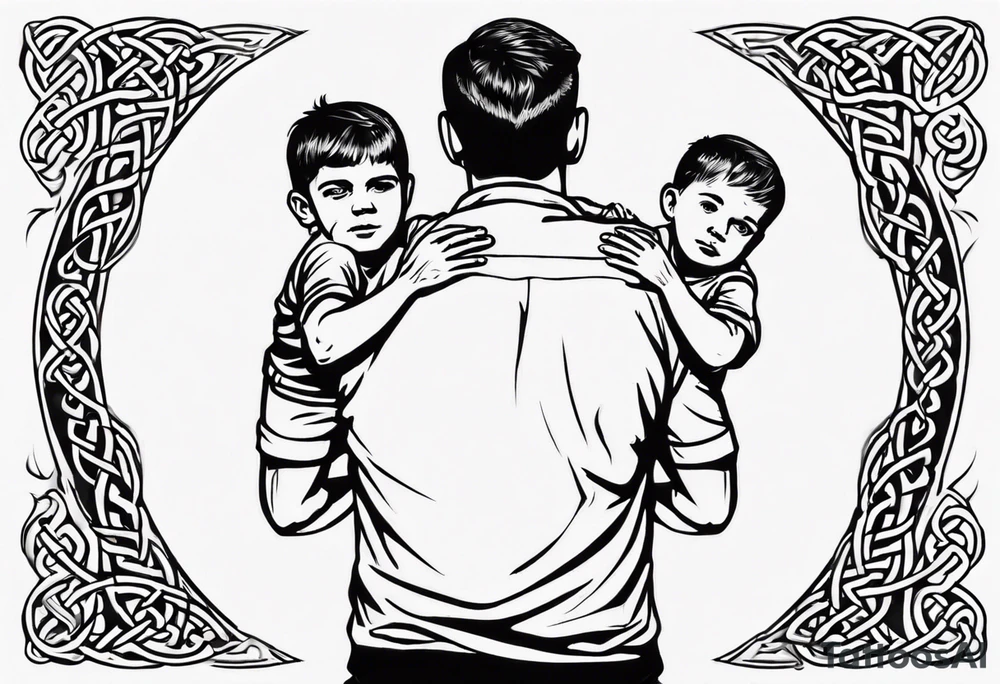 a father with his son on his shoulders from behind. A subtle design on their backs of celtic music. tattoo idea