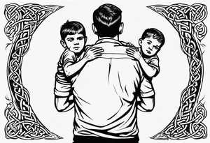 a father with his son on his shoulders from behind. A subtle design on their backs of celtic music. tattoo idea