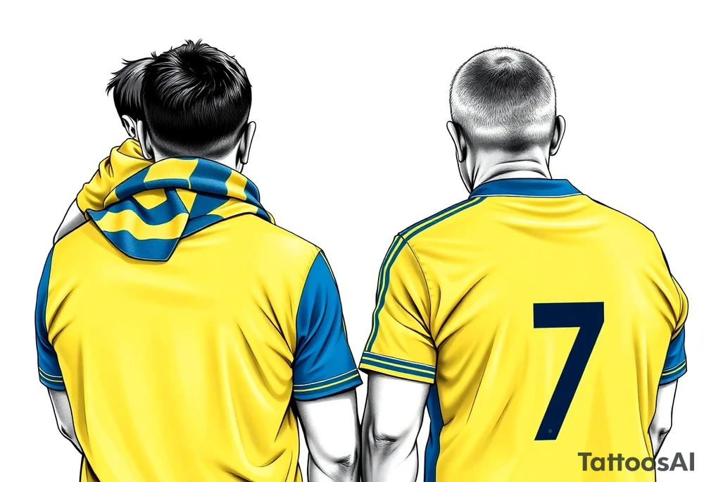 4 soccer fans from their backs, wearing yellow blue shirts. the second one from left having a kid on his shoulders, and he's rising a scarf.
the right one is older, more fat and shorter and wearing an shirt with the number 7 on it and has on his shoulders line like adidas
the left on has a yellow-blue Checkered on his shirt
make some space between the men tattoo idea