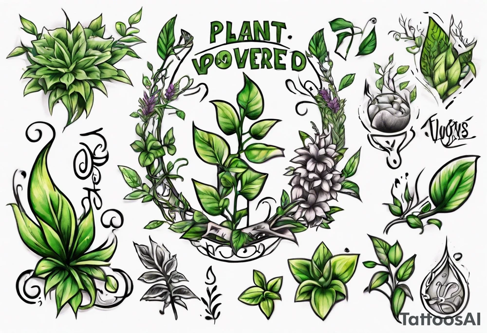 Words “Plant Powered” spelled out with plants and vines through out the words tattoo idea