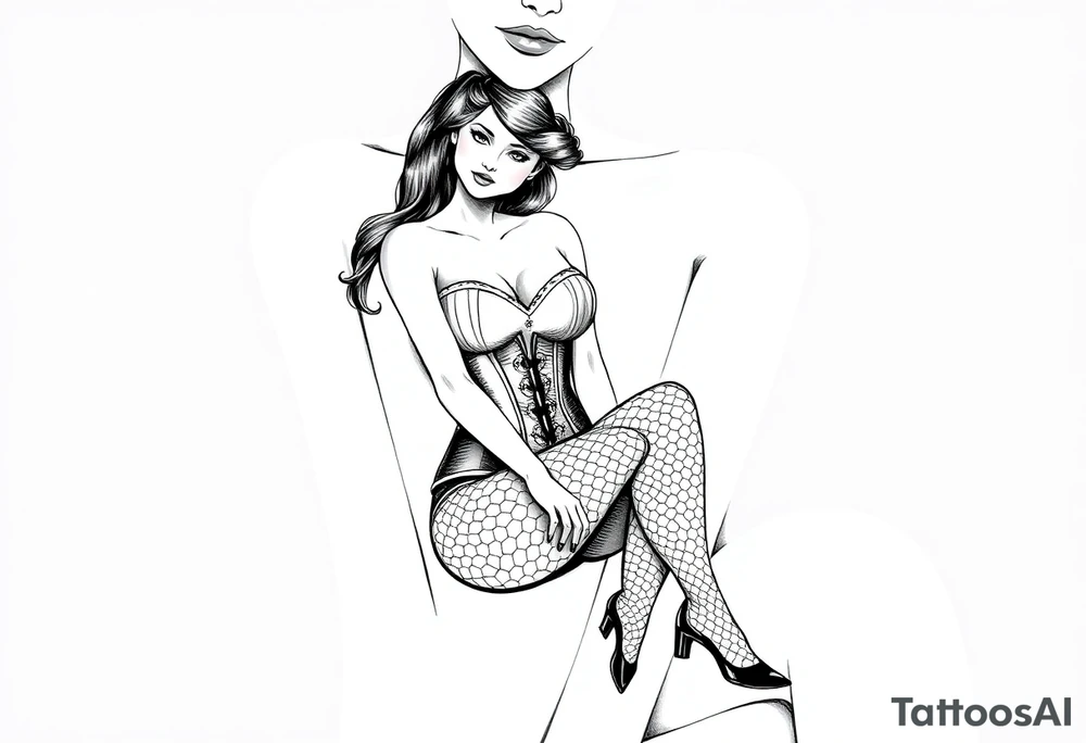 Seated woman, wearing a corset, fishnet tights and stilettos tattoo idea