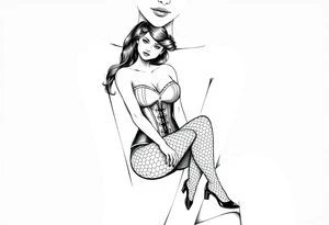 Seated woman, wearing a corset, fishnet tights and stilettos tattoo idea