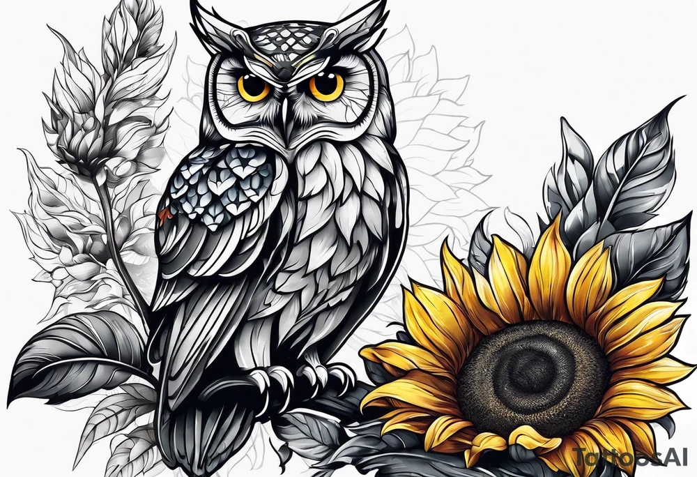 Owl and sunflower sleeve tattoo idea