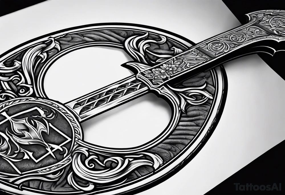 Valhalla sword shield axe mist tattoo idea