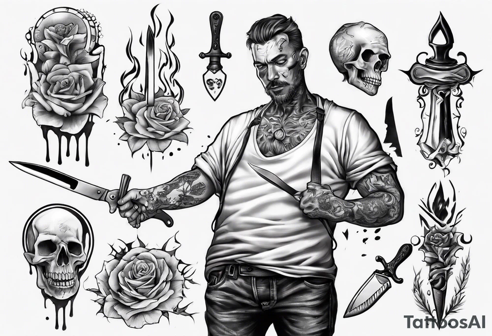 man stabbing himslef with knife in hearth tattoo idea