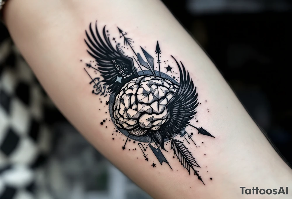 Tattoo inspired in the gifted brain in geometric and straight lines, with few watercolor details but mostly black, symbols representing intelligence, creativity and dreaming flying arround, the phrase "It begins with a dream", raven wings behind, and an arrow crossing from above, and watercolors leaking of it tattoo idea