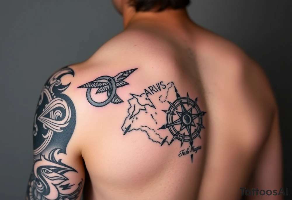 Uncharted 4 sleeve from upper elbow to shoulder including the designs of the ring, decoder, birds, map, and compass with the words sic parvis magna. tattoo idea