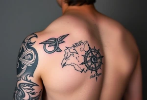 Uncharted 4 sleeve from upper elbow to shoulder including the designs of the ring, decoder, birds, map, and compass with the words sic parvis magna. tattoo idea