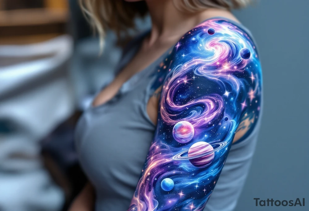 A galaxy scene with stars and planets swirling in deep blue and violet, evoking cosmic freedom. tattoo idea