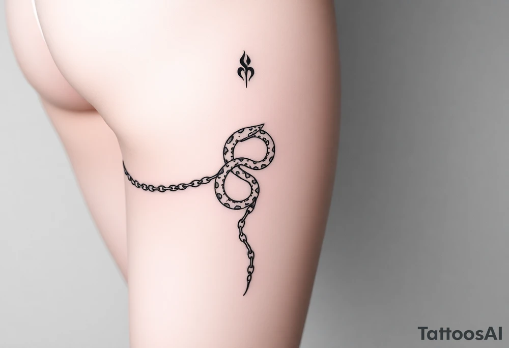 Fine-line thigh tattoo, wrapped chain made of intertwined snakes Medusa-inspired symbolism, feminine, dainty, large piece from hip to thigh tattoo idea