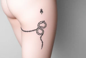 Fine-line thigh tattoo, wrapped chain made of intertwined snakes Medusa-inspired symbolism, feminine, dainty, large piece from hip to thigh tattoo idea