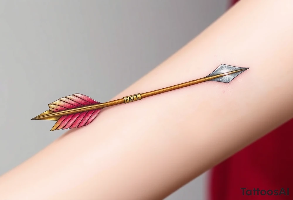 A sleek golden arrow with an intricately carved runic inscription along the shaft, symbolizing a fated love. The arrow’s feathered fletching is detailed with soft pink and red hues, while the arrowhead glows with a subtle silver light, representing destiny. Surrounding the arrow are tiny floating hearts and sparkles, creating a mystical aura of passion and devotion. The design gives the impression of the arrow mid-flight, striking straight into the heart of love. tattoo idea