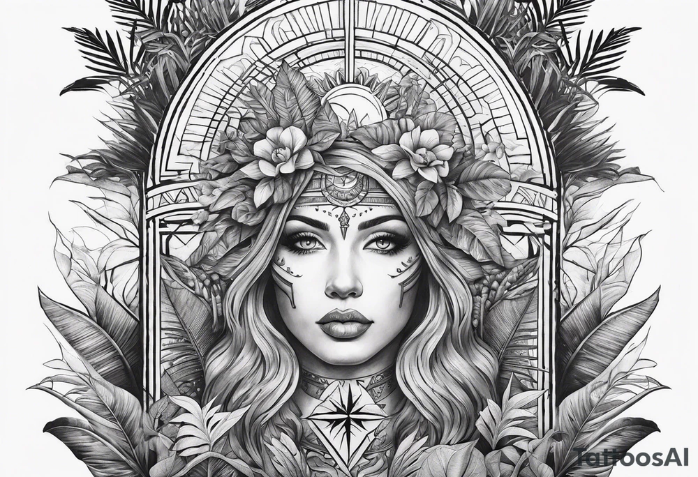 arm sleeve tattoo with the solar cross surrounded by jungle plants tattoo idea