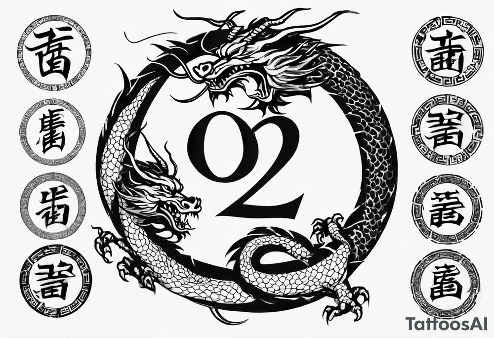 Chinese dragon in a circular shape with "02.03" written on its skin tattoo idea