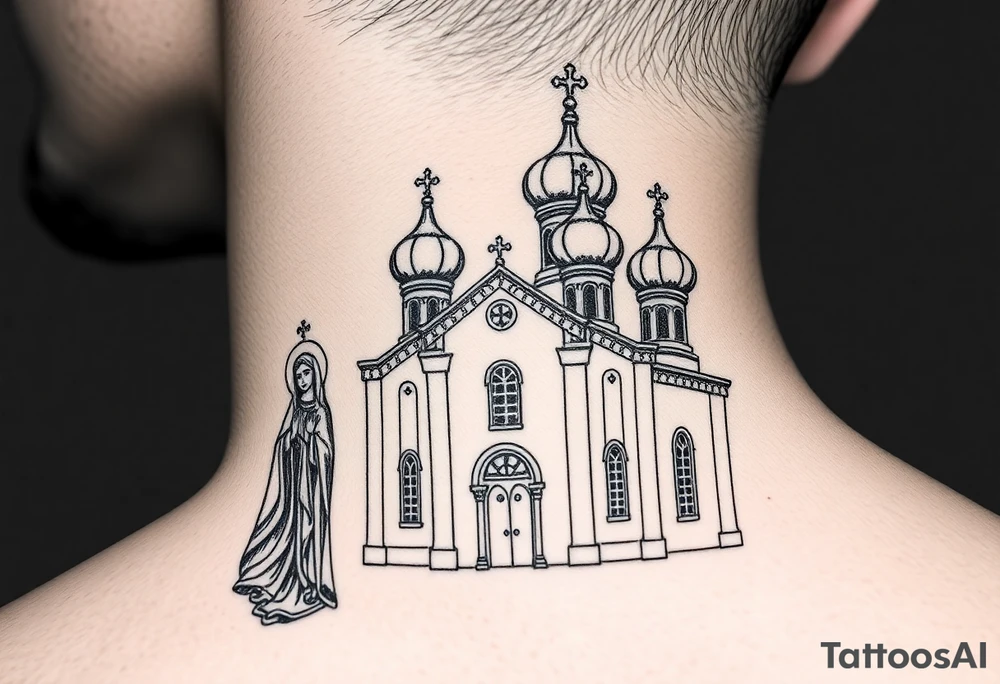 Russian orthodox church with bulb domes with a prominent russian orthodox style virgin mary stood outside to the left tattoo idea