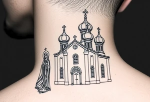 Russian orthodox church with bulb domes with a prominent russian orthodox style virgin mary stood outside to the left tattoo idea