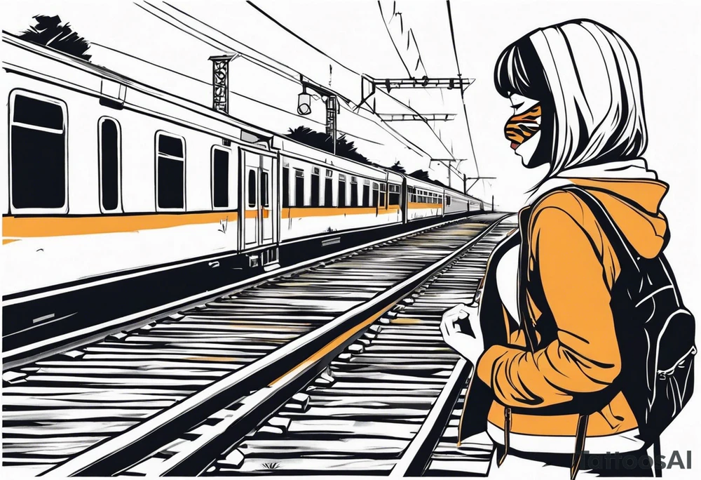 Bells cracking train track in the middle with a girl wearing tiger mask tattoo idea