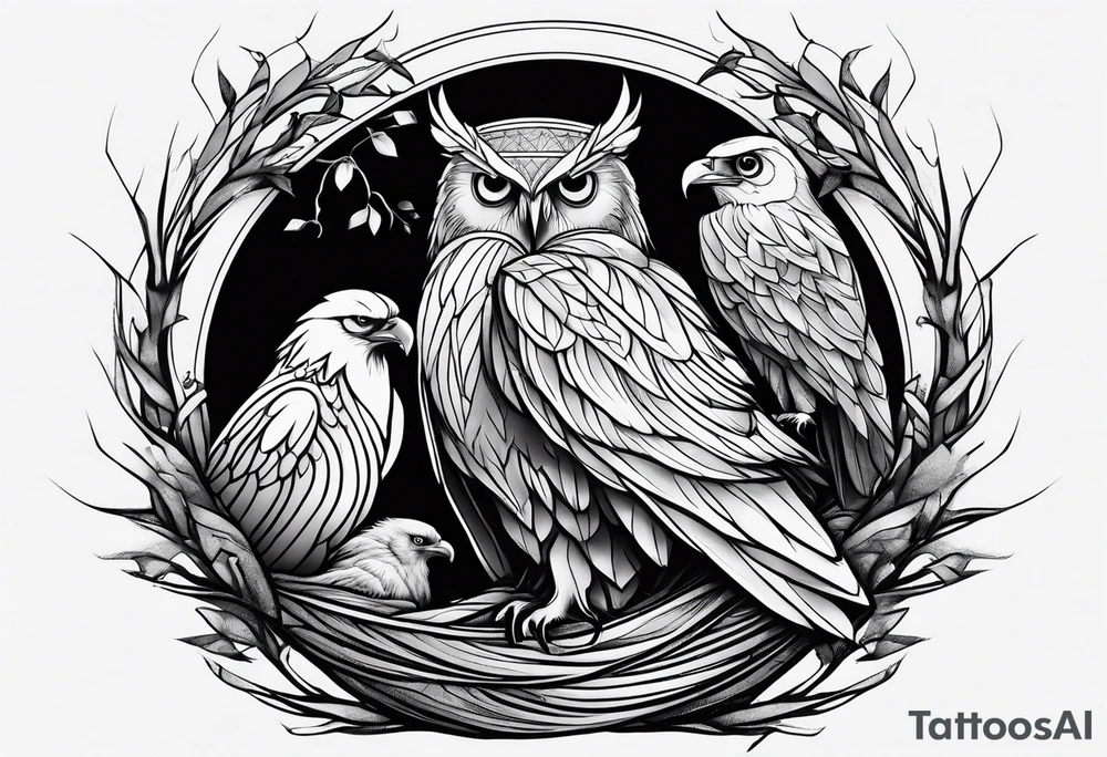 Owl, raven, eagle cuddled in a nest, looking down into the nest tattoo idea