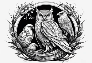 Owl, raven, eagle cuddled in a nest, looking down into the nest tattoo idea